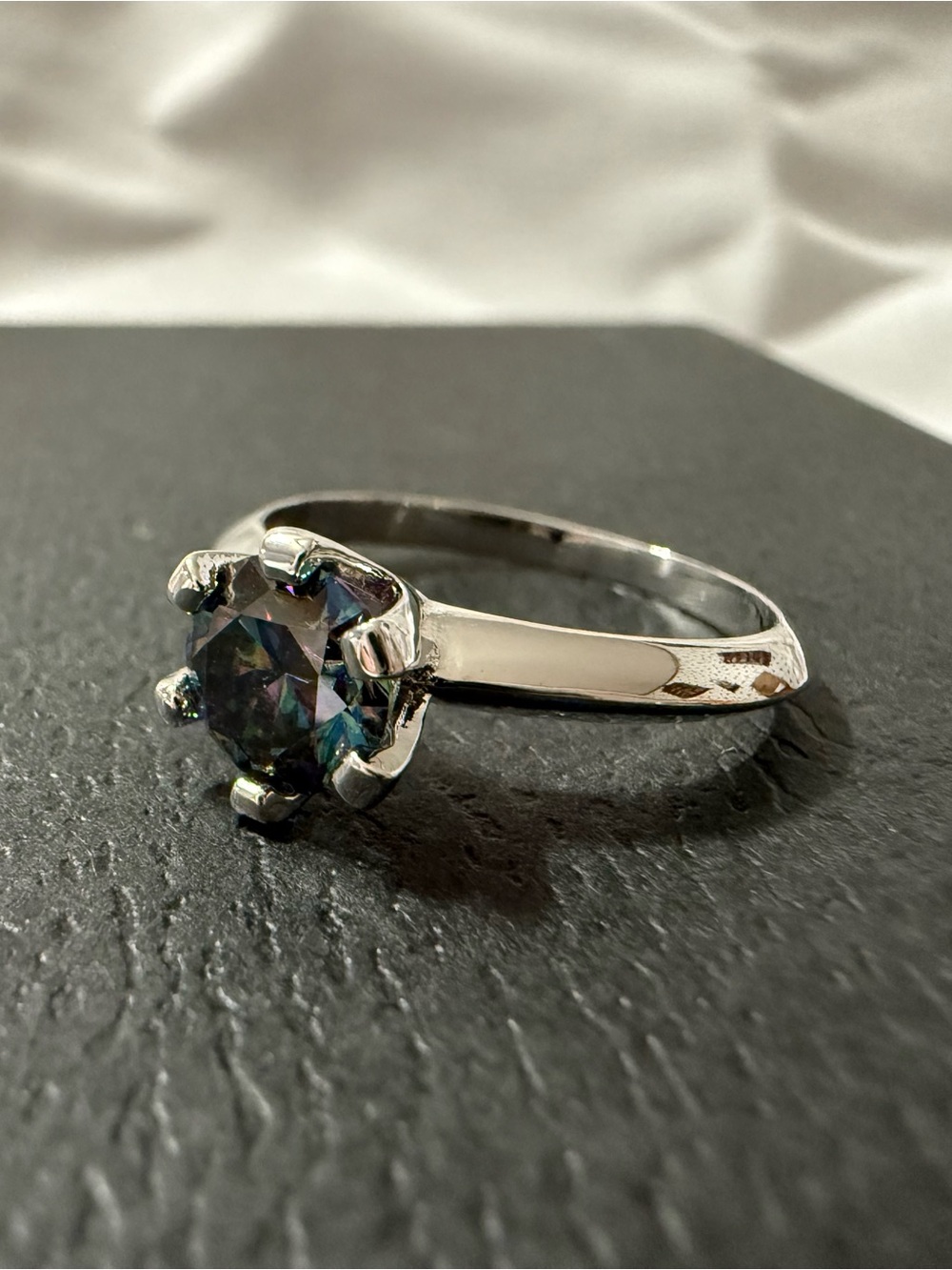 Moissanite Solitaire Ring - Iridescent Blue-Green size 6